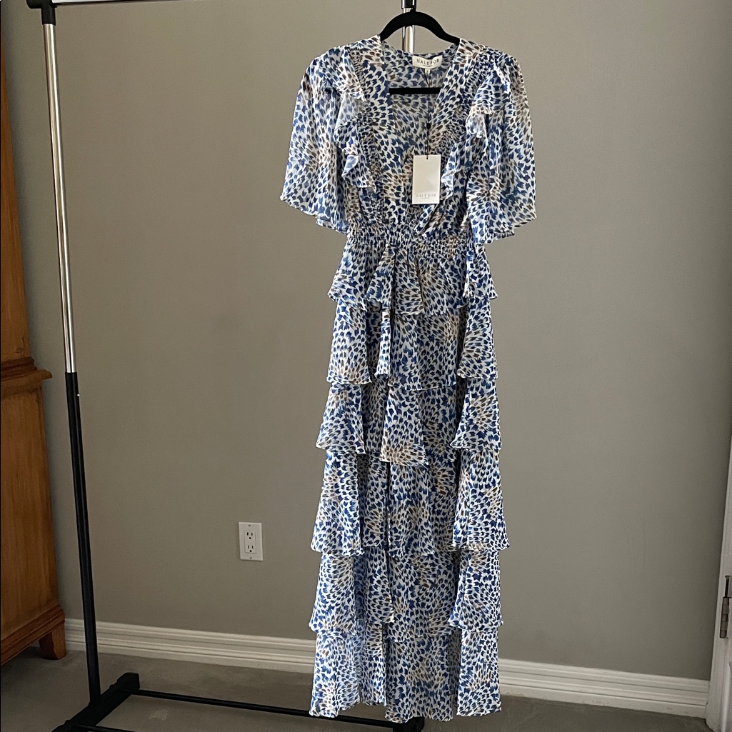Hale Bob Blue Ruffle Chiffon Maxi Dress